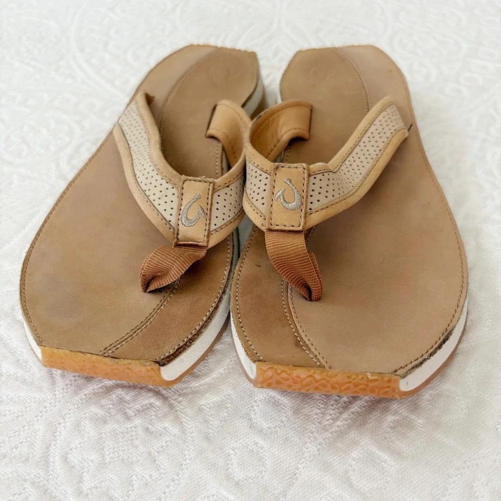 Olukai Women's Premium Leather Square Toe‎ Flip Flop Sandals W's 7